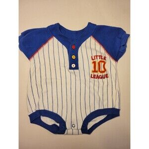 Miniwear White Blue Stripes Baseball Romper Baby 0-6mth Vtg Bodysuit One Piece